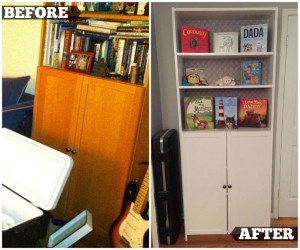 ikea bookcase turned nursery shelves before and after