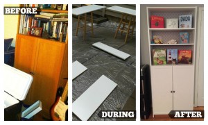 ikea bookcase, before, during and after