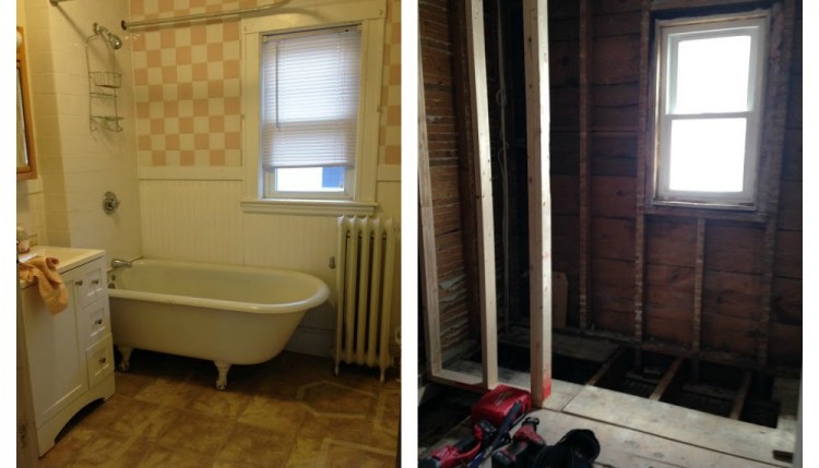 before and during bathroom remodel