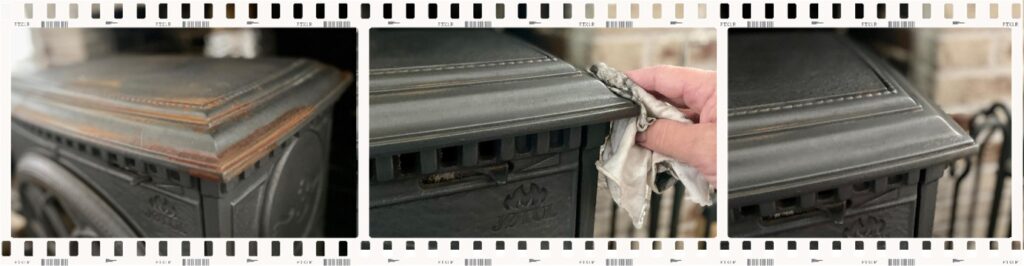 before and after shots of using stove polish to restore a rusty wood stove