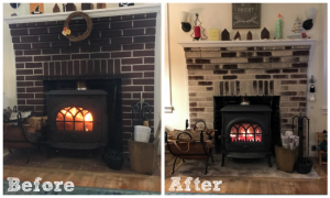 before and after shot - whitewash brick fireplace