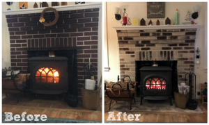 before and after shot of whitewash limewashed fireplace hearth