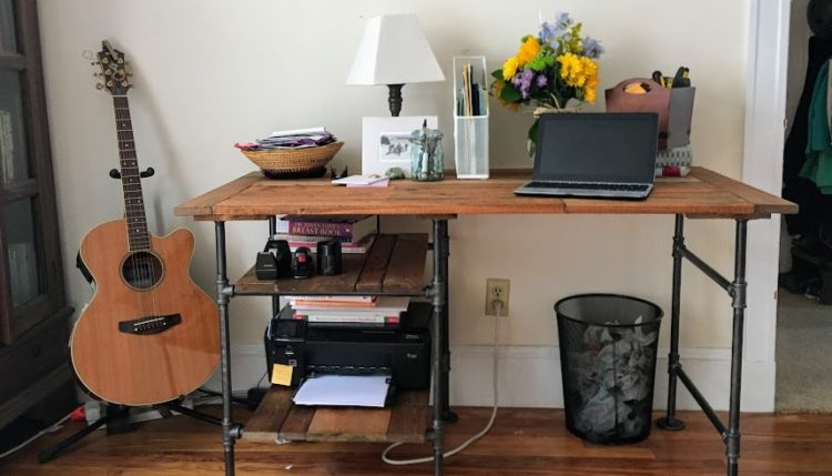 diy desk with industrial pipe and reclaimed wood