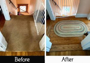 before and after photo of stairway landing - carpet to hardwood floors