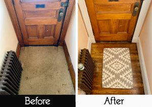 we pulled up the old carpet to reveal hardwood floors in entryway