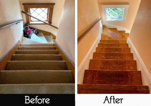 rip up carpet in staircase - before and after view