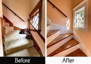 carpeted stairs vs hardwoods before and after photo