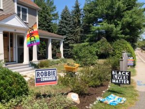 peace rainbow flag and black lives matter sign