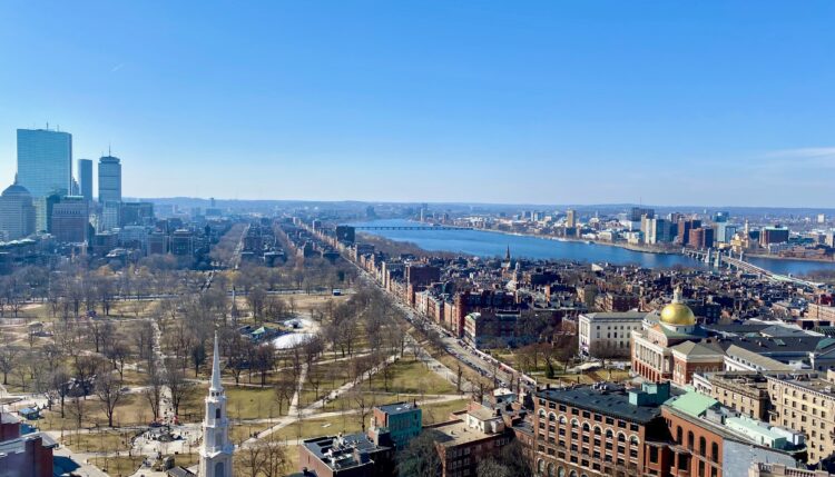 aerial view of beacon hill and back bay in boston