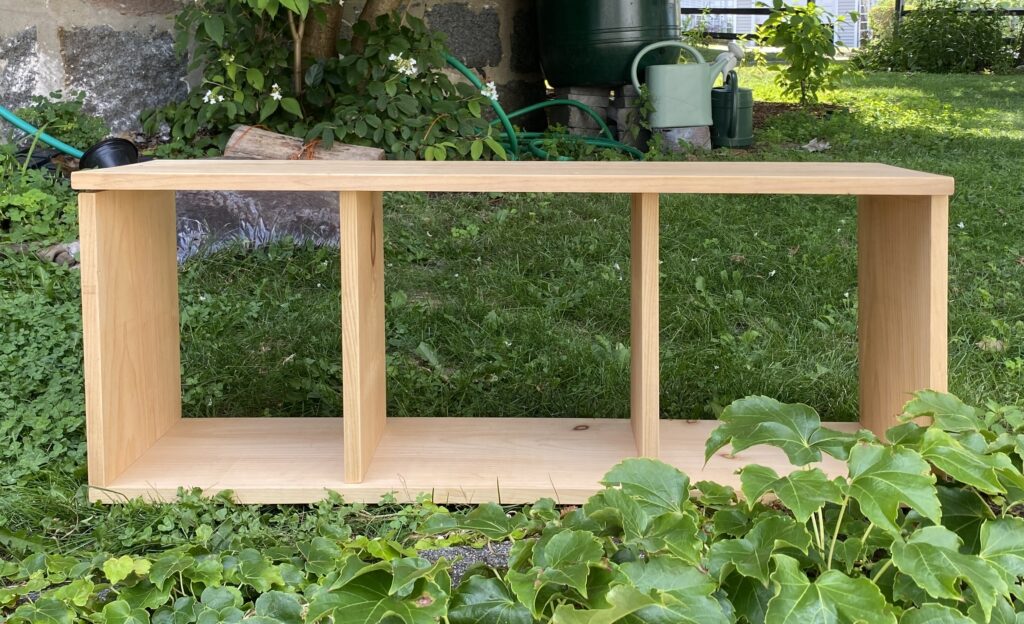 diy record player stand under construction, with evenly spaced dividers